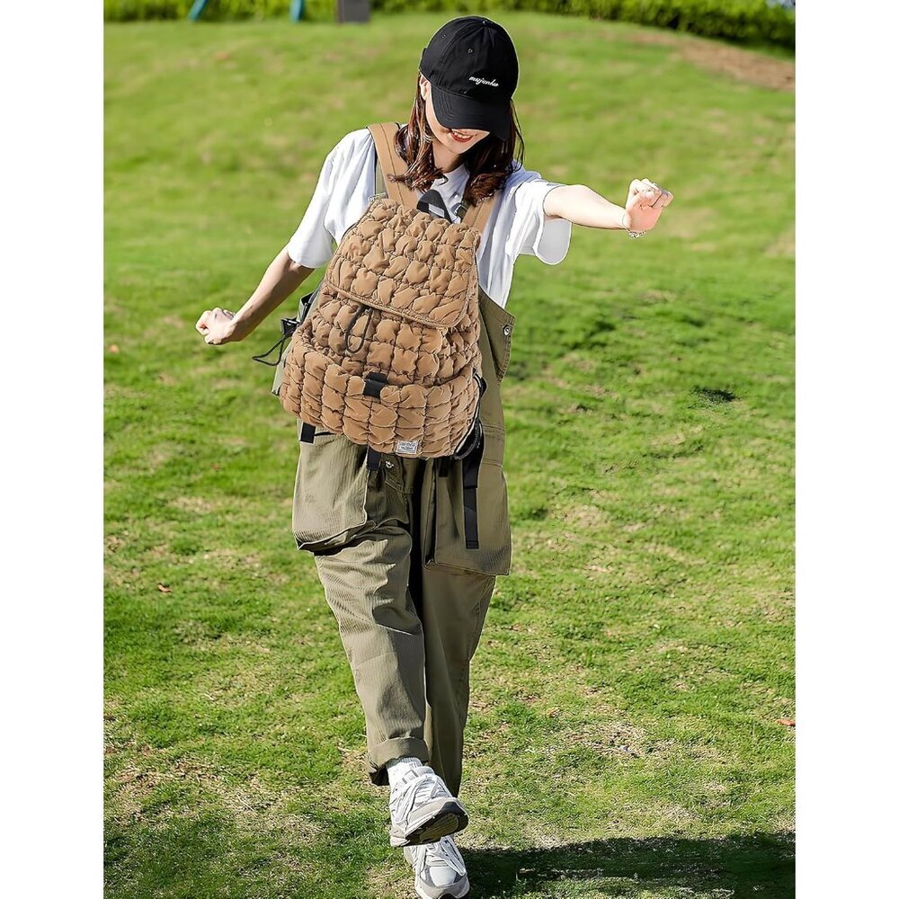 Women's Khaki Quilted Puffer Imported Drawstring Magnetic Closure Backpack - Picture 7 of 7